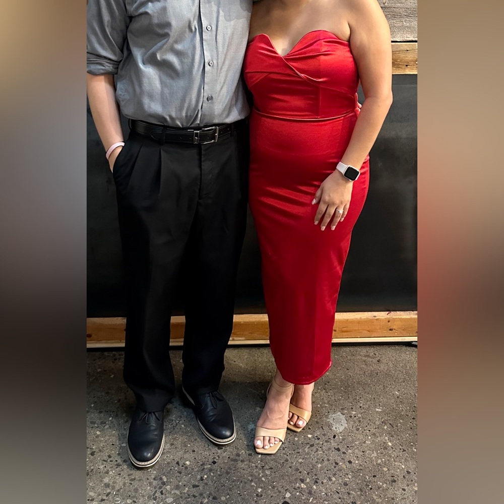 SHEIN Red Satin Strapless Midi Dress